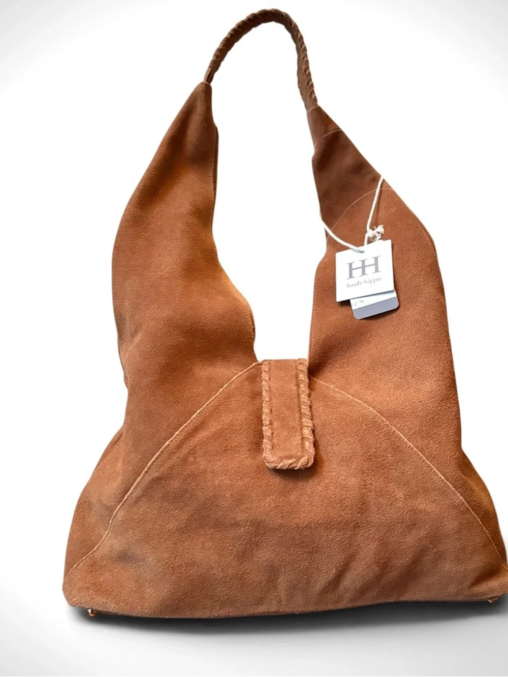 HAUTE HIPPIE STYLE Triangle Hobo Shoulder Bag 100% Genuine Suede Camel NWT Boho - Picture 3 of 16